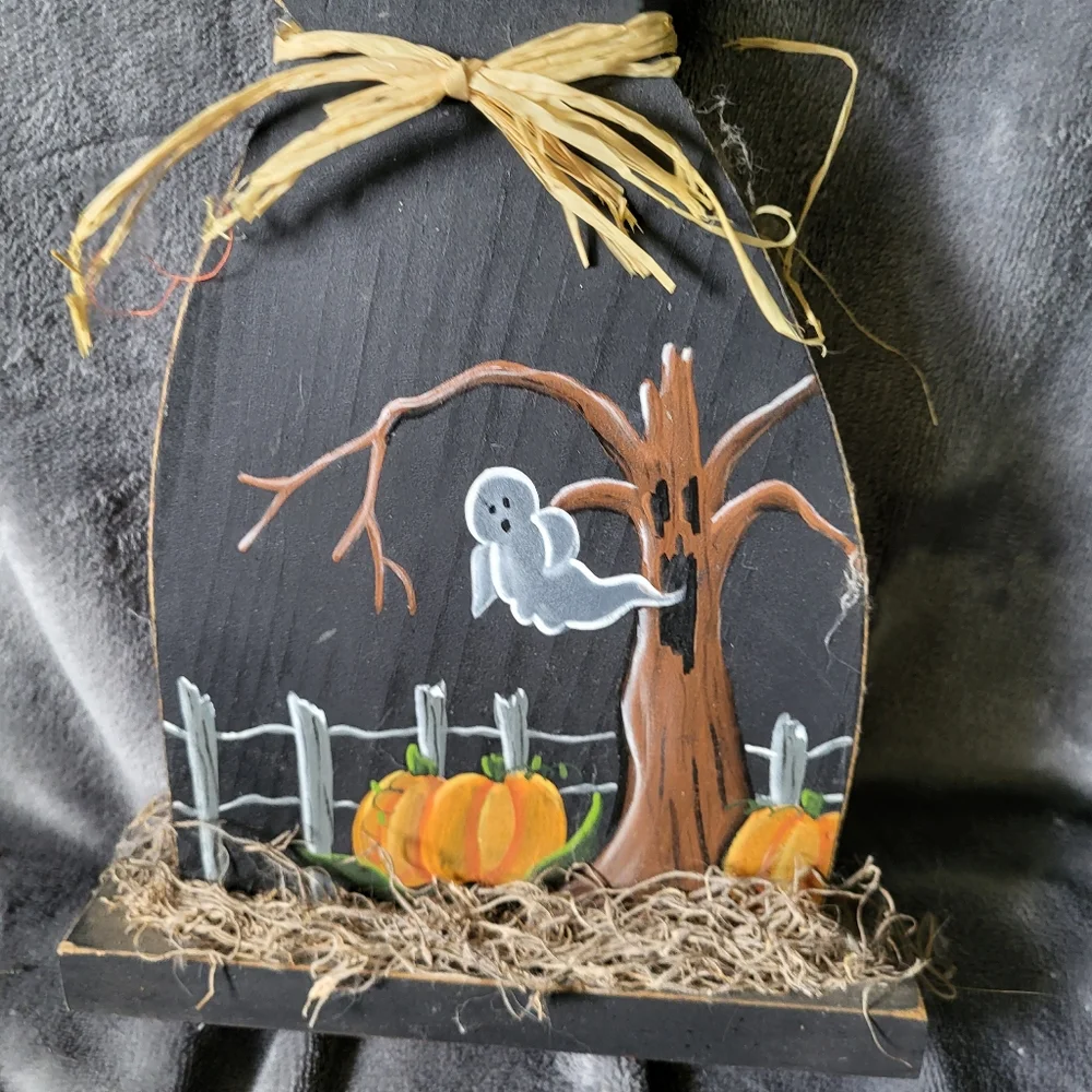 Vintage wooden halloween black cat with ghost decor